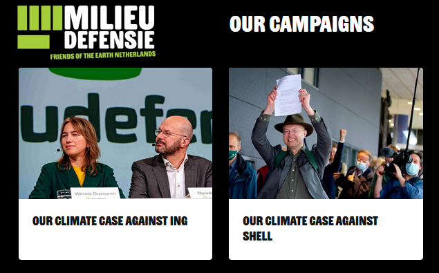 Graphic of Milieudefensie's webpage showing their campaigns