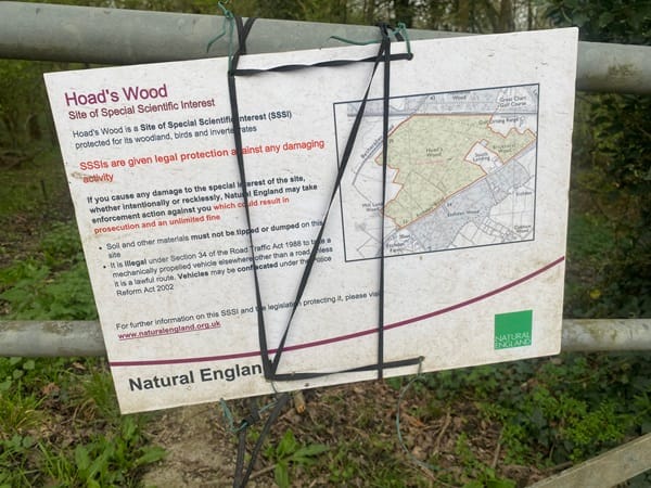 Photo of an SSSI sign of Hoad's Wood attached to a gate.