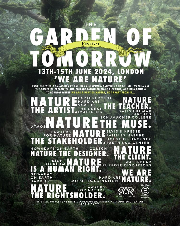 The image is a poster for the festival listing slogans and speakers on a forest background.